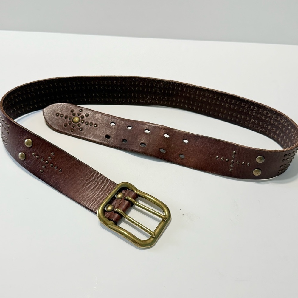 Linea Pelle Vintage Brown Leather Studded Solid Brass Belt Boho Western Size L